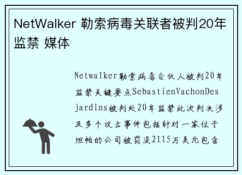 NetWalker 勒索病毒关联者被判20年监禁 媒体